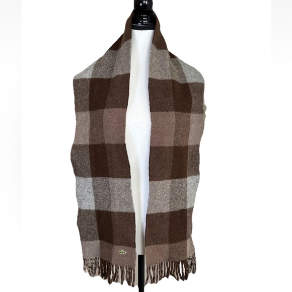Vintage Lacoste 100% Pure Lambs Wool Scarf Unisex Brown Gray Plaid Grandpa Core - Picture 1 of 6
